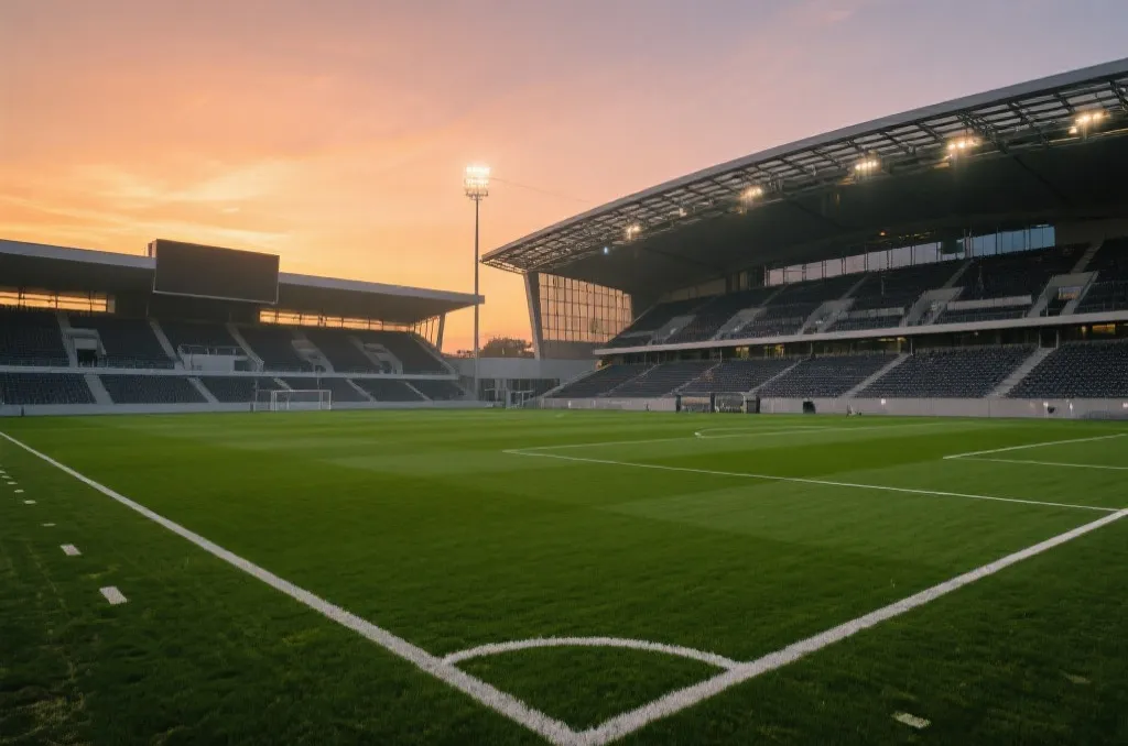 A professional soccer stadium with modern architecture, wide angle, dramatic sunset lighting, empty pitch, focus on the green grass and white lines, cinematic photography